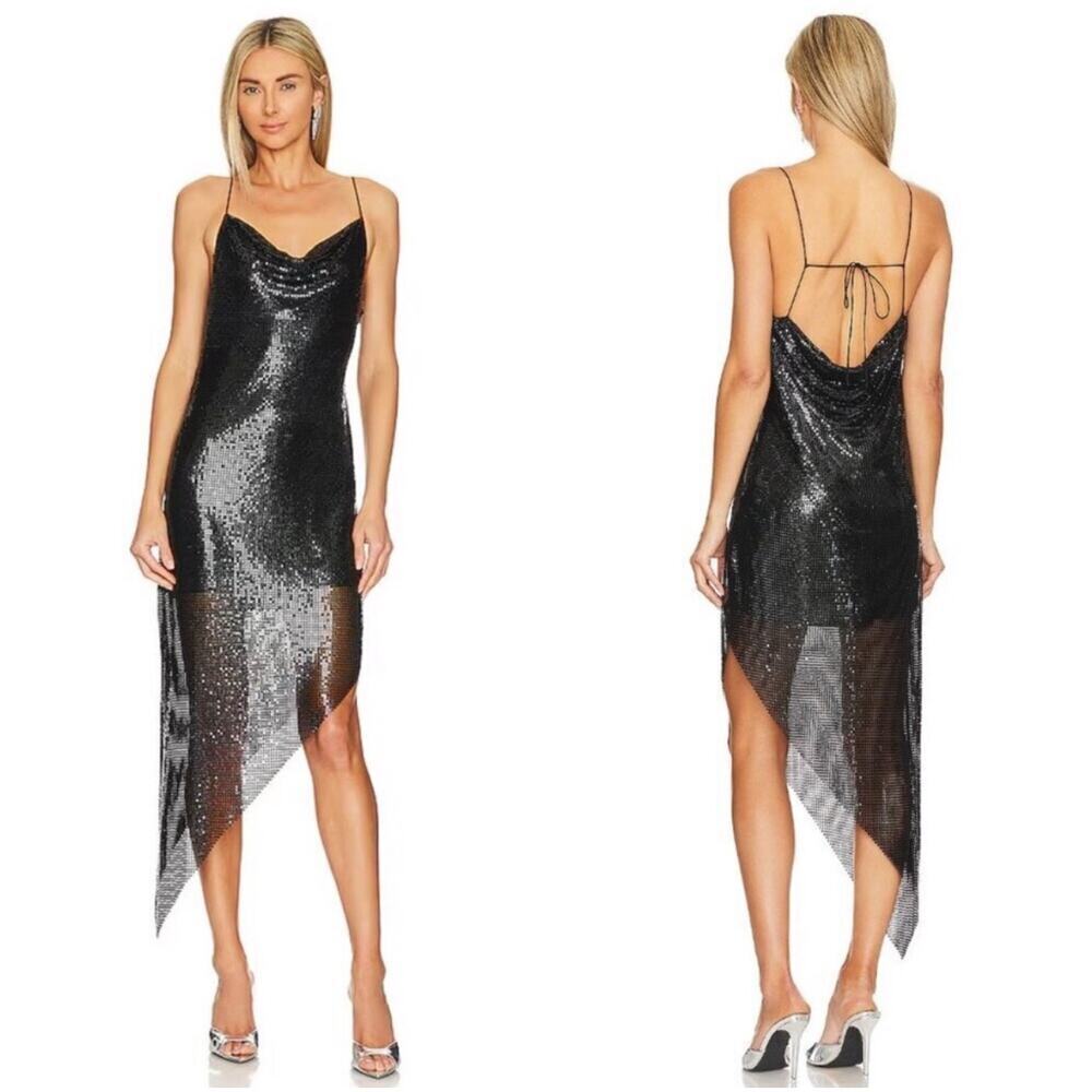 Alice + Olivia Black Silk Chainmail Asymmetrical Harmony Dress Size 0 NWT